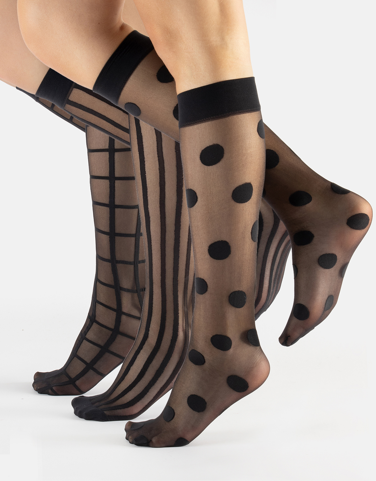 PACK 3 PAIRS – SHEER KNEE HIGH SOCK POLKA DOTS, STRIPES AND CHECKED PATTERN
